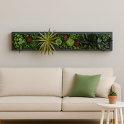 Schmales, rechteckiges Greendecors Pflanzenbild mit künstlichen Sukkulenten und Blättern über einem hellen Sofa, kombiniert mit kleinem Beistelltisch und Deko