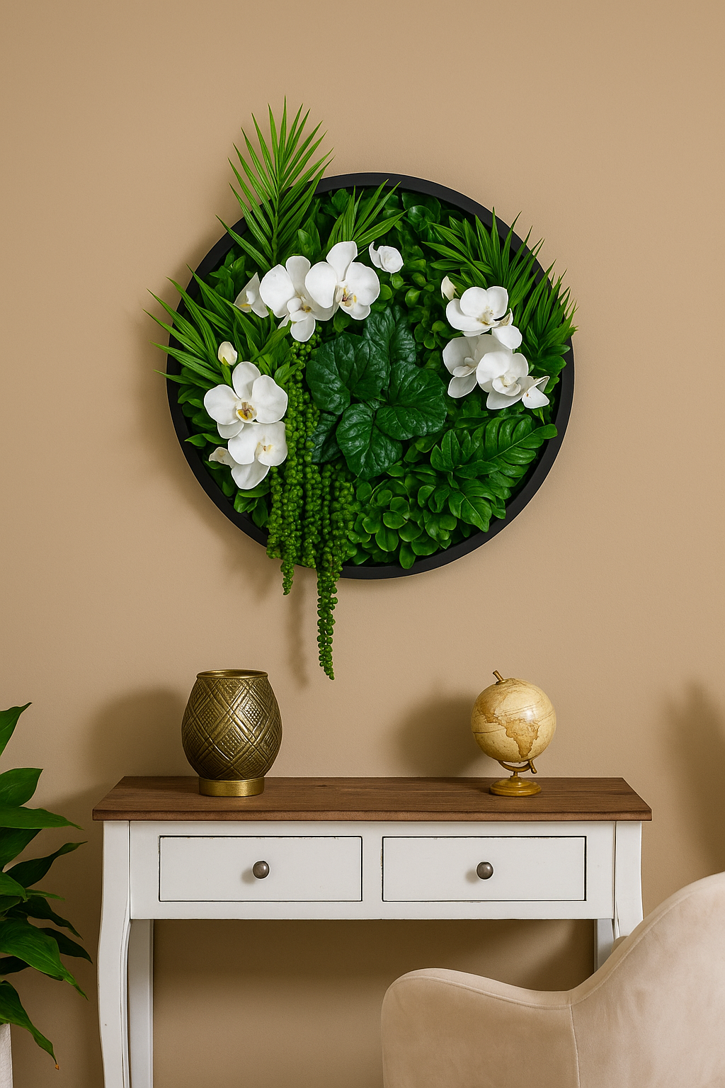 Plant Frame „Dia“ - Rundes Pflanzenbild im schwarzen Rahmen mit weißen Orchideen