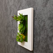 Seitliche Nahaufnahme eines Greendecors Tiny Frame mit künstlichen Sukkulenten in weißem Rahmen, montiert an einer dunklen strukturierten Wand
