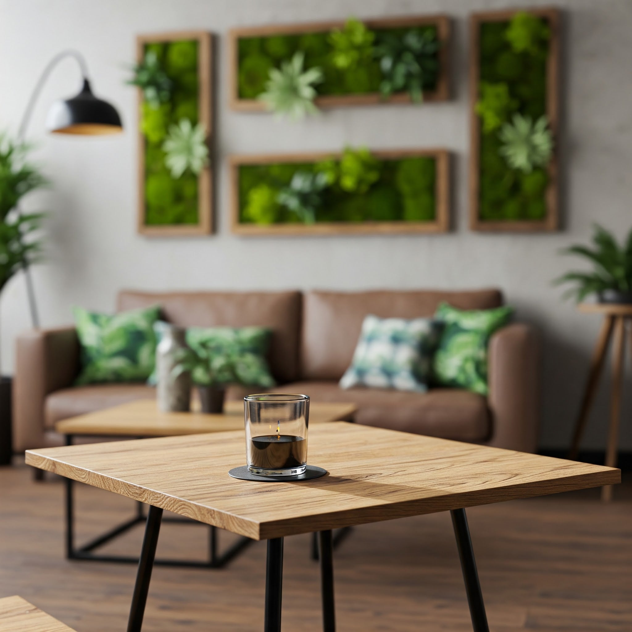 Rechteckige Greendecors Moosbilder als natürliche Dekoration über einem beigen Sofa in einem warmen, modernen und sonnendurchfluteten Wohnzimmer mit vielen Zimmerpflanzen.