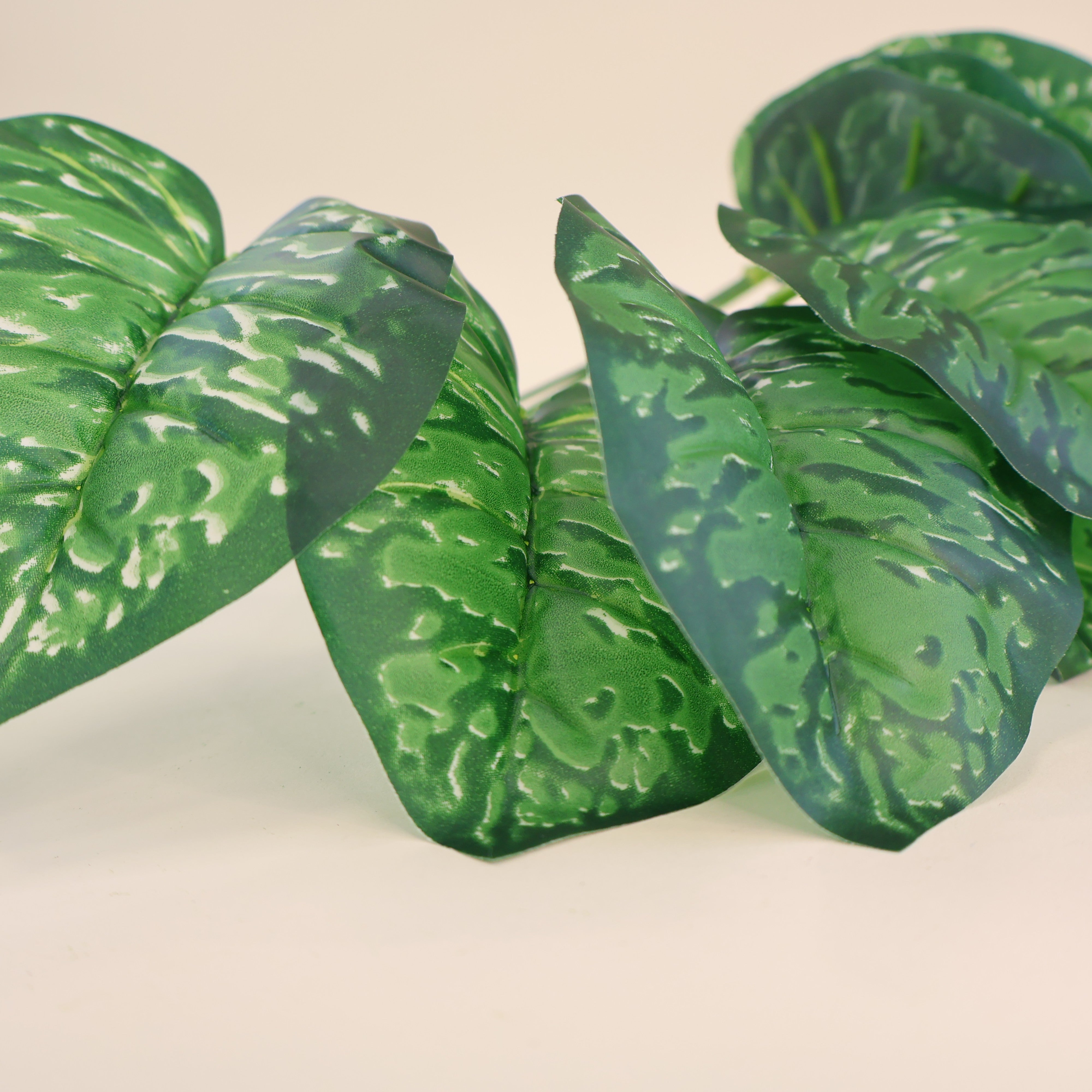 Makroaufnahme der Blätter einer künstlichen Aglaonema mit dunkelgrünen Blatträndern und hellgrüner Marmorierung. Die Nahaufnahme zeigt die detailreiche Blattzeichnung, die natürliche Farbgebung und die hochwertige Verarbeitung der Kunstpflanze. Die realistische Optik macht die dekorative Blattschmuckpflanze ideal für Vasen, Gestecke und moderne Wohnraumdekorationen.