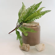 Künstlicher Farnzweig mit detailreichen grünen Blättern dekorativ auf einer beigen Keramikdose mit hellen Natursteinen arrangiert, minimalistisches Pflanzen-Arrangement auf weißem Hintergrund.