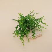 Künstlicher Grünzweig mit kleinen runden Blättern in verschiedenen Grüntönen dekorativ auf einem Naturstein arrangiert, moderne Kunstpflanze für Wohnraumdeko und Interior.