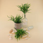 Künstliche Grünzweige mit kleinen runden Blättern in verschiedenen Grüntönen dekorativ arrangiert in grauem Blumentopf und großer Glasvase, kombiniert mit weißen Dekosteinen, Natursteinen und kleiner Glasflasche auf hellem Hintergrund.