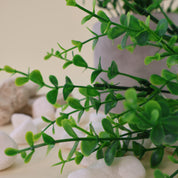 Makroaufnahme künstlicher Grünzweige mit kleinen ovalen Blättern in verschiedenen Grüntönen, dekorativ arrangiert mit weißen Dekosteinen und grauem Blumentopf auf hellem Hintergrund.