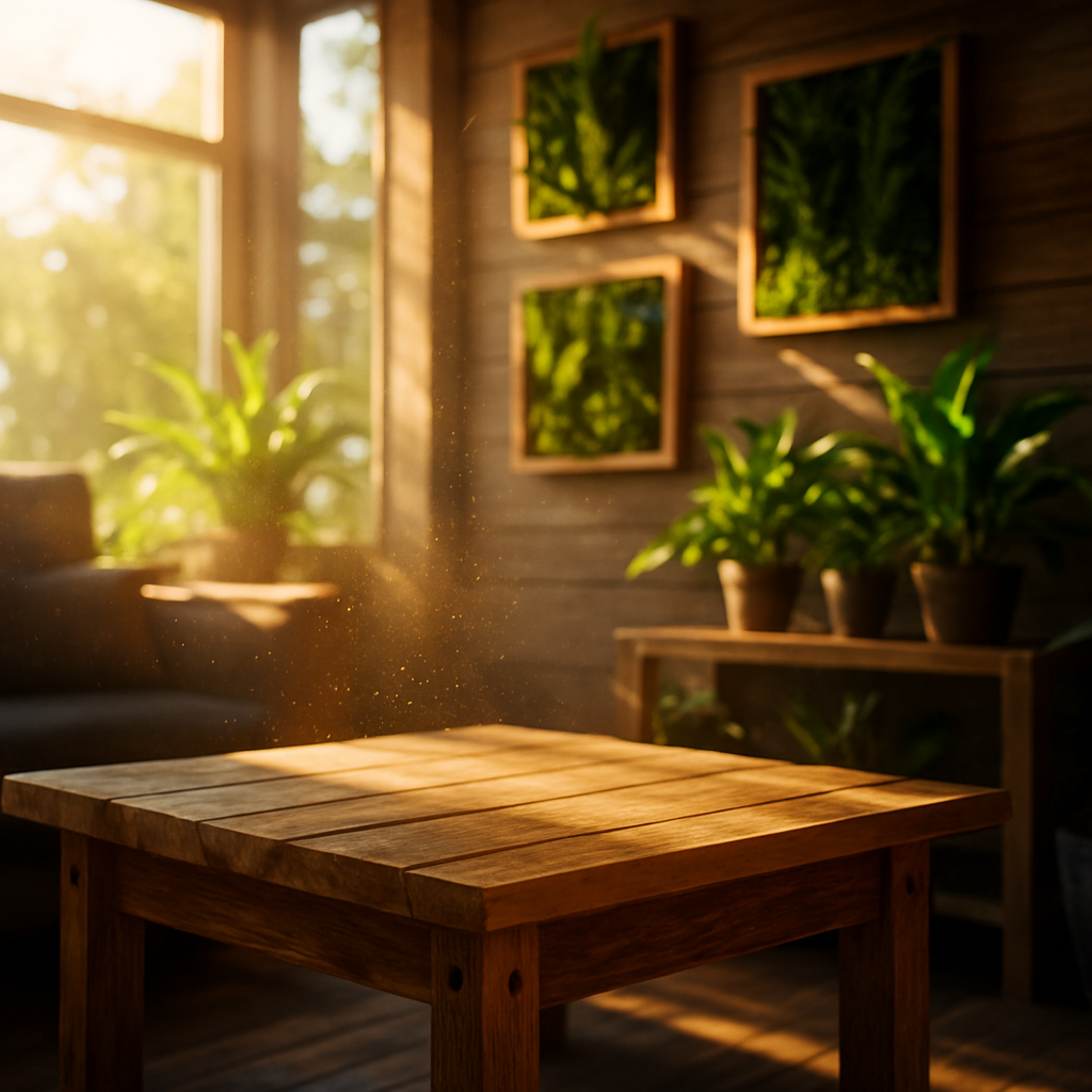 Begrünte Greendecors Pflanzenbilder und zahlreiche Topfpflanzen in einem natürlichen Wohnzimmer mit warmem Lichteinfall und Holzmöbeln