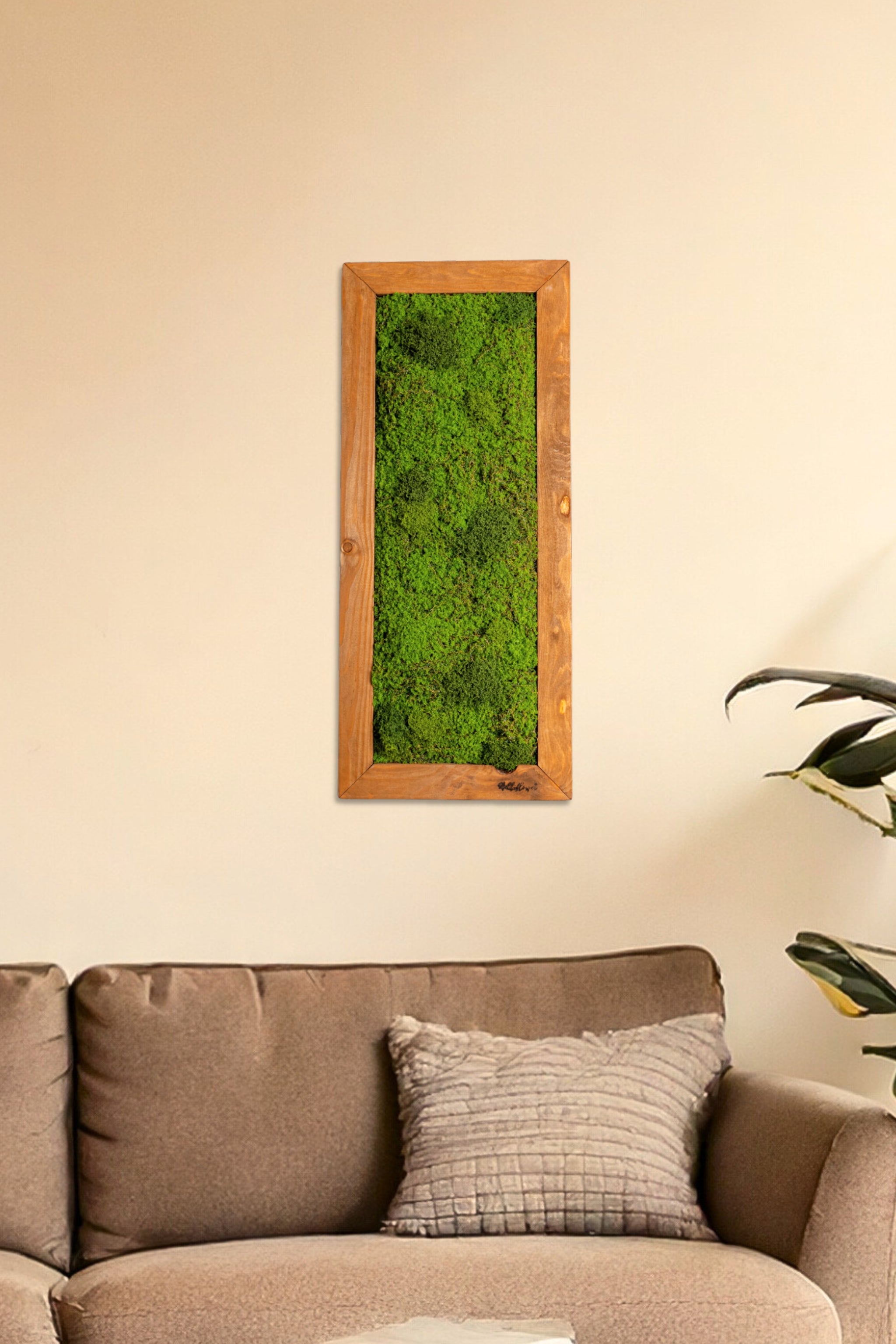 Langformatiges Moosbild von Greendecors in einem warmen Holzrahmen, platziert über einem gemütlichen Sofa in einem modernen Wohnzimmer