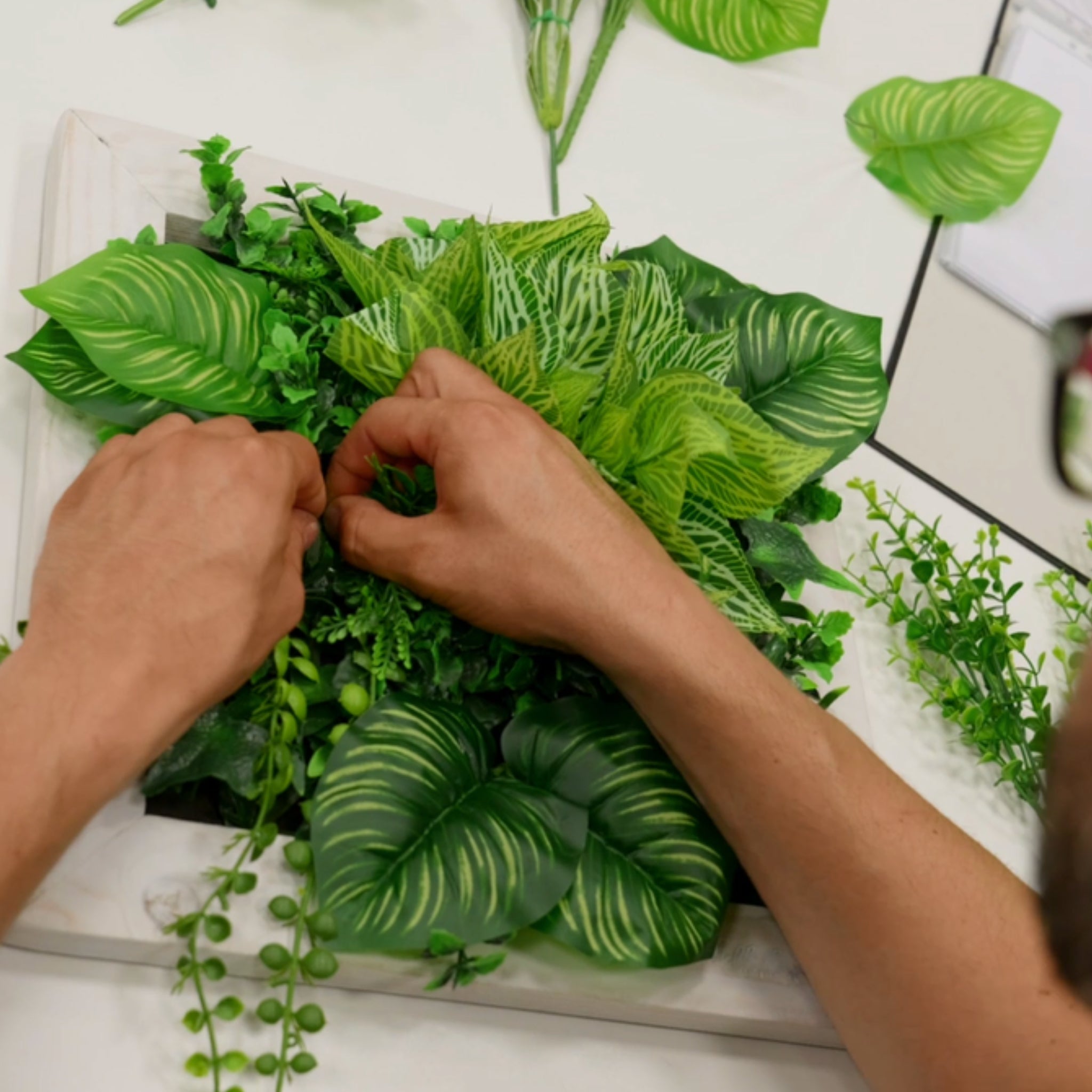 Handarbeit beim Arrangieren künstlicher Pflanzen im Rahmen, Green Decor Manufaktur