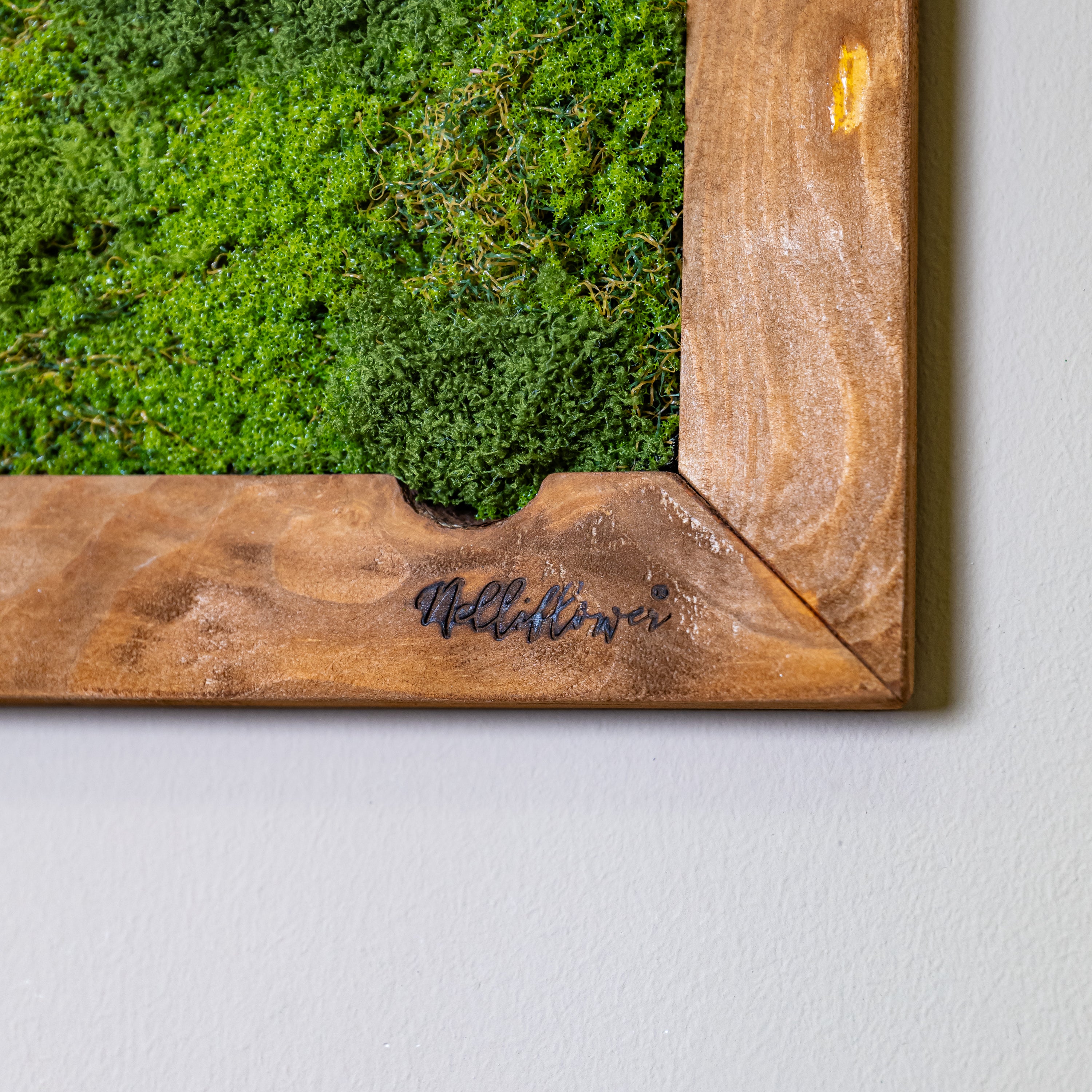 Nahaufnahme künstliches Moosbild brauner Holzrahmen und Logo