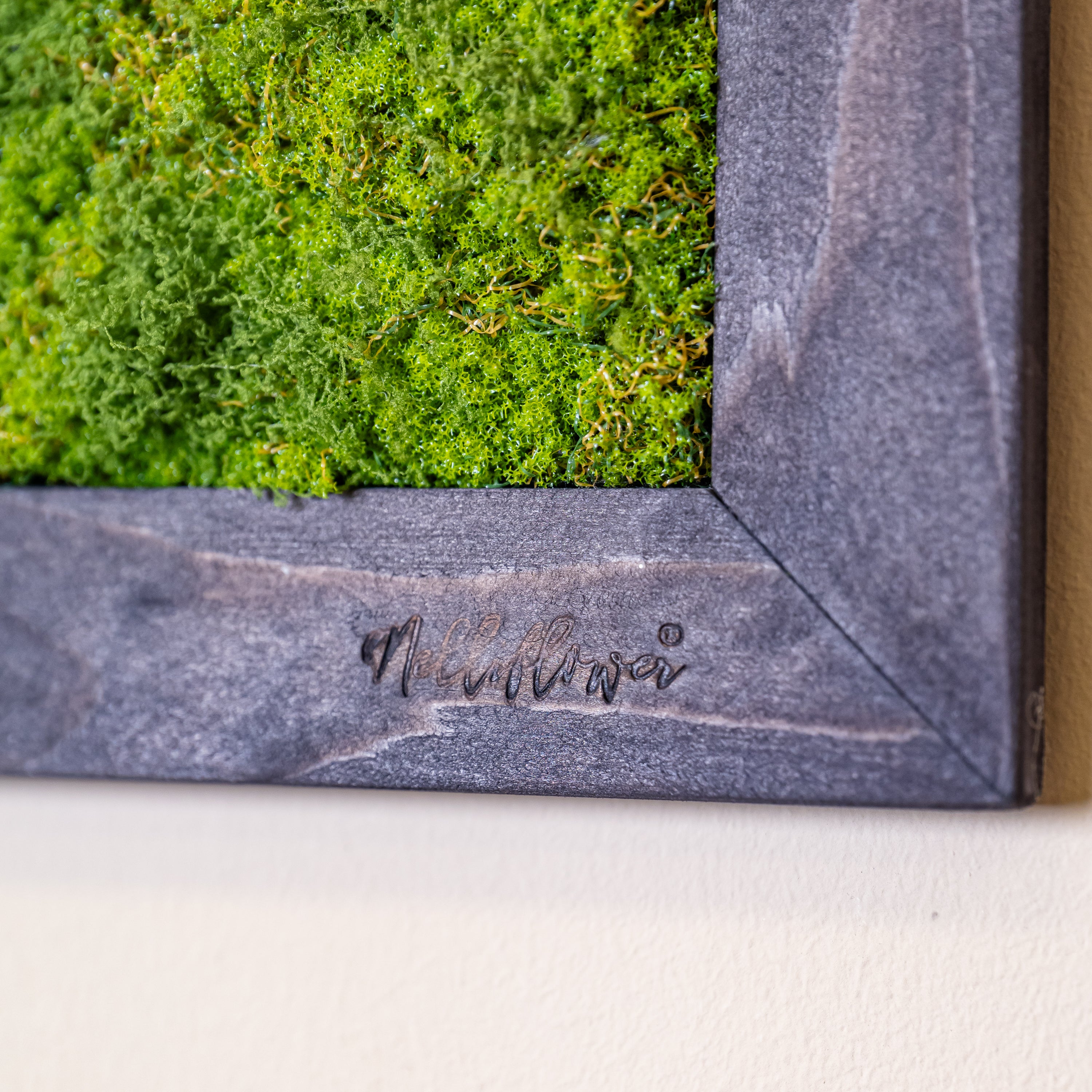 Detailaufnahme eines Moosbildes mit dunkelgrauem Holzrahmen und eingraviertem Logo