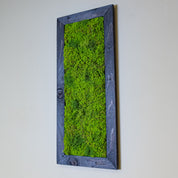 Vertikales Moosbild mit dunklem Echtholzrahmen an einer hellen Wand, leicht seitliche Perspektive