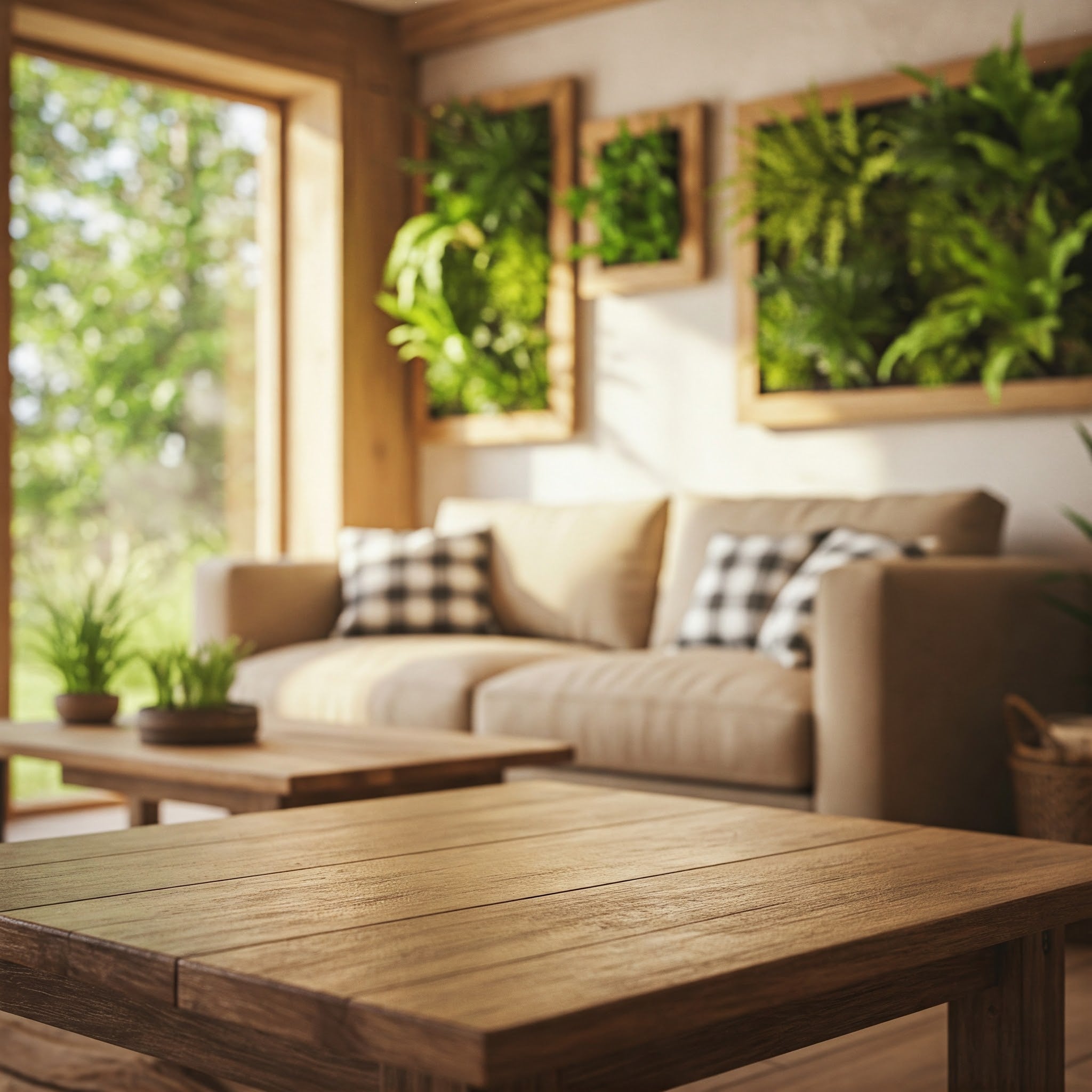 Mehrere Greendecors Pflanzenbilder in Holzrahmen als natürliche Dekoration über gemütlichem Sofa in hellen, modernen Wohnzimmer.