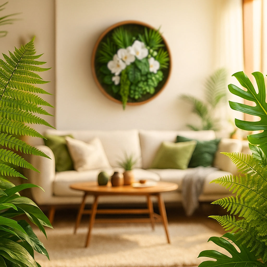 Rundes Greendecors Plantsphere mit weißen Orchideen über Sofa in hellem, modernen Wohnzimmer.