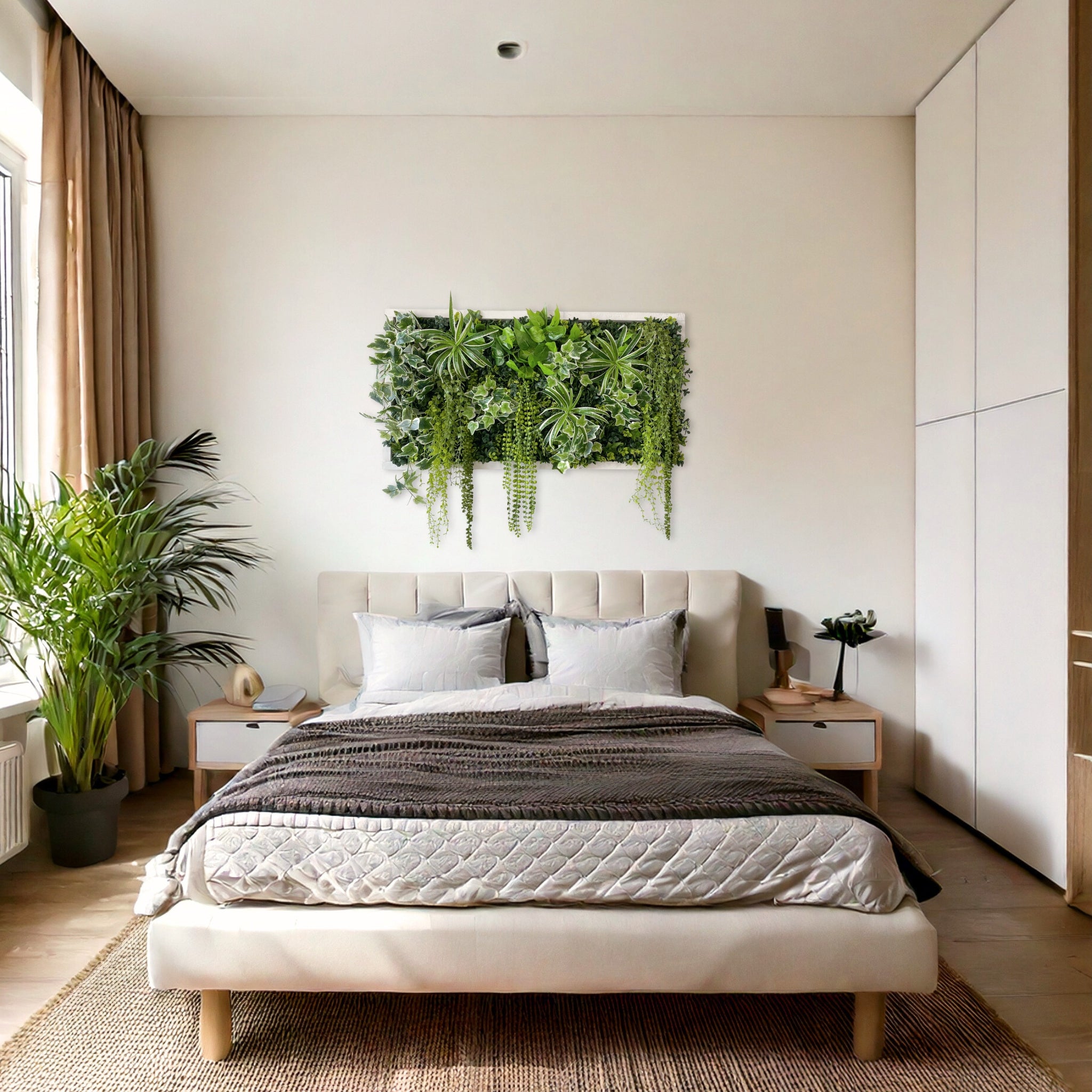 Rechteckiges Greendecors Pflanzenbild als natürliche Wanddeko über hellem Bett in einem  warmen, modernen Schlafzimmer.