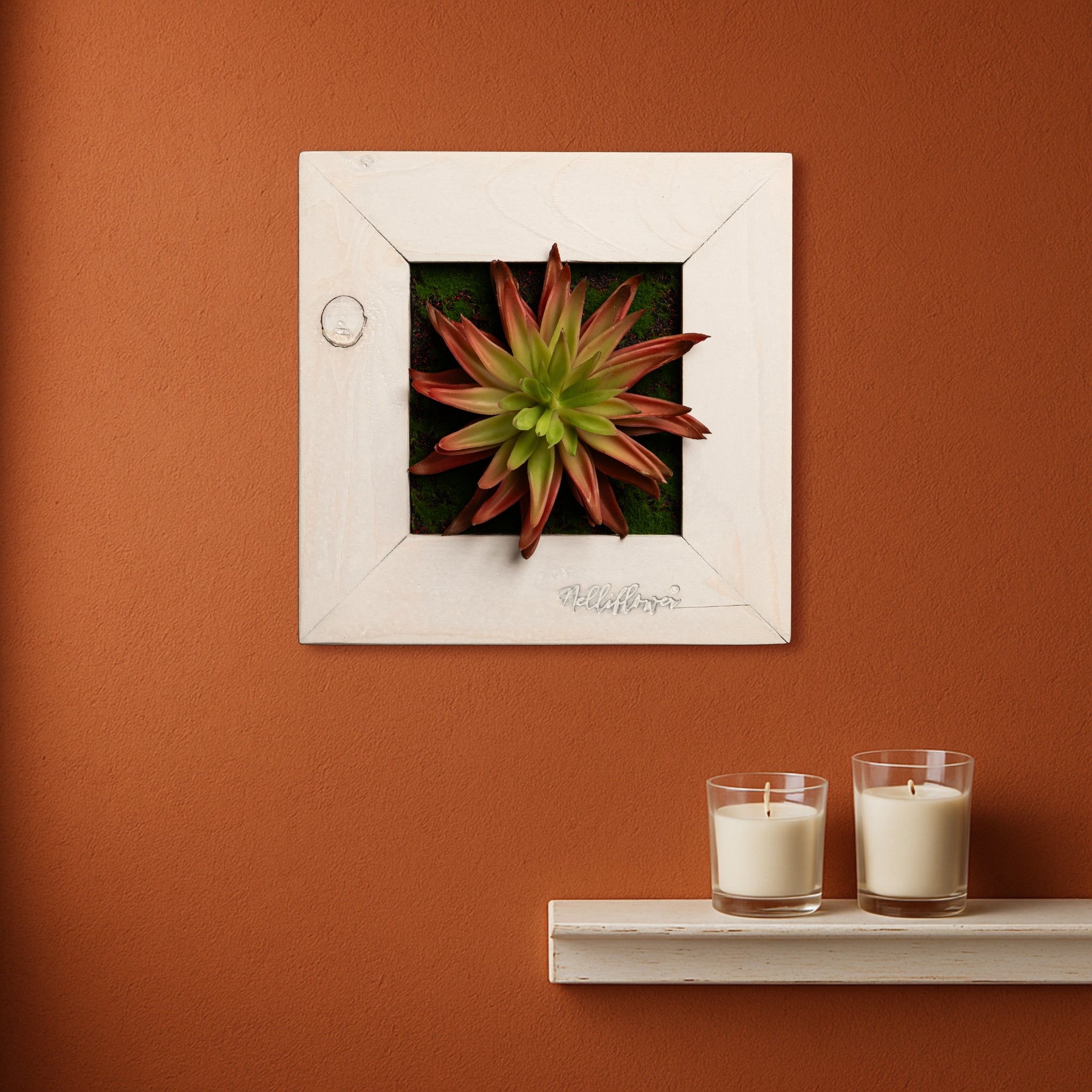 Künstliches Sukkulentenbild mit roter Agave im Holzrahmen weiß