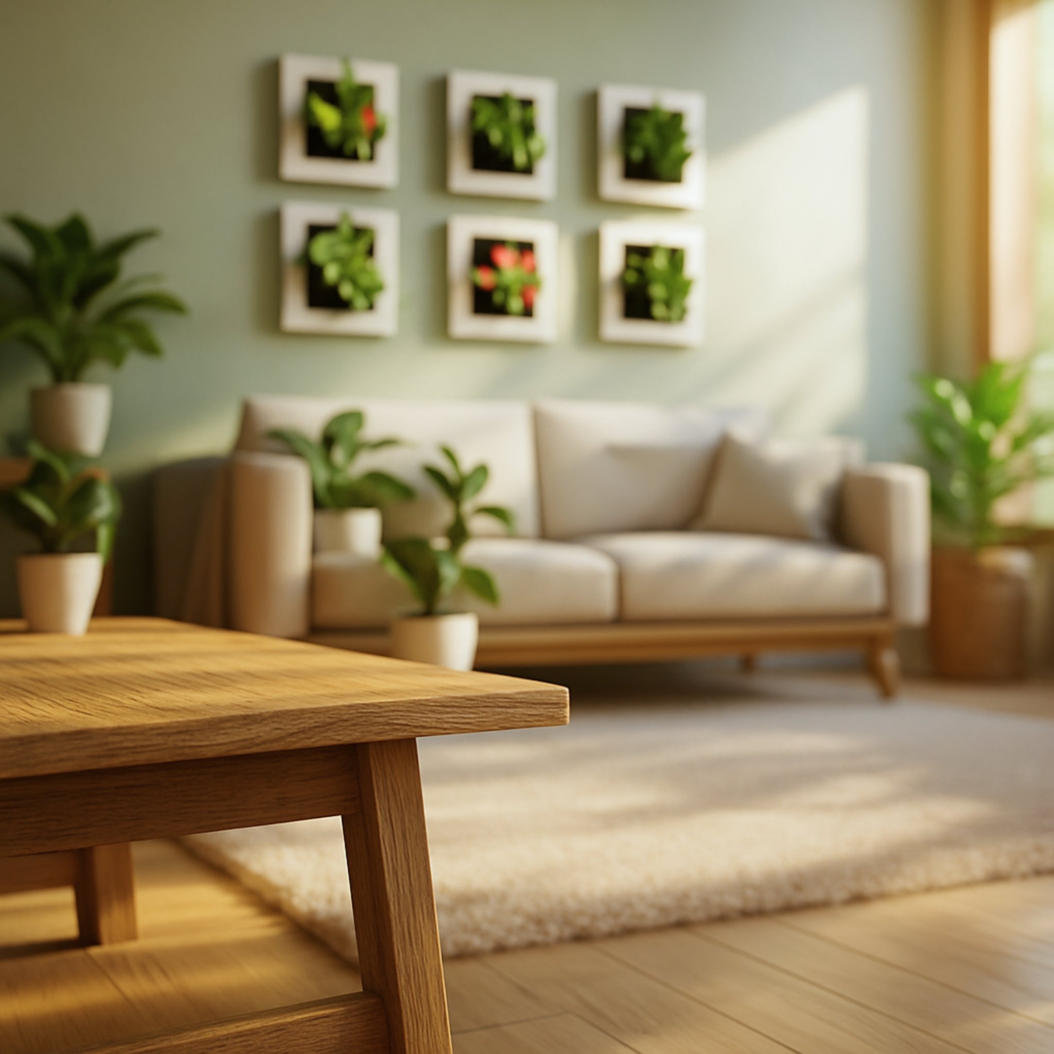 Mehrere kleine quadratische Pflanzenbilder über beigen Sofa in modernen, sonnendurchfluteten Wohnzimmer mit Zimmerpflanzen