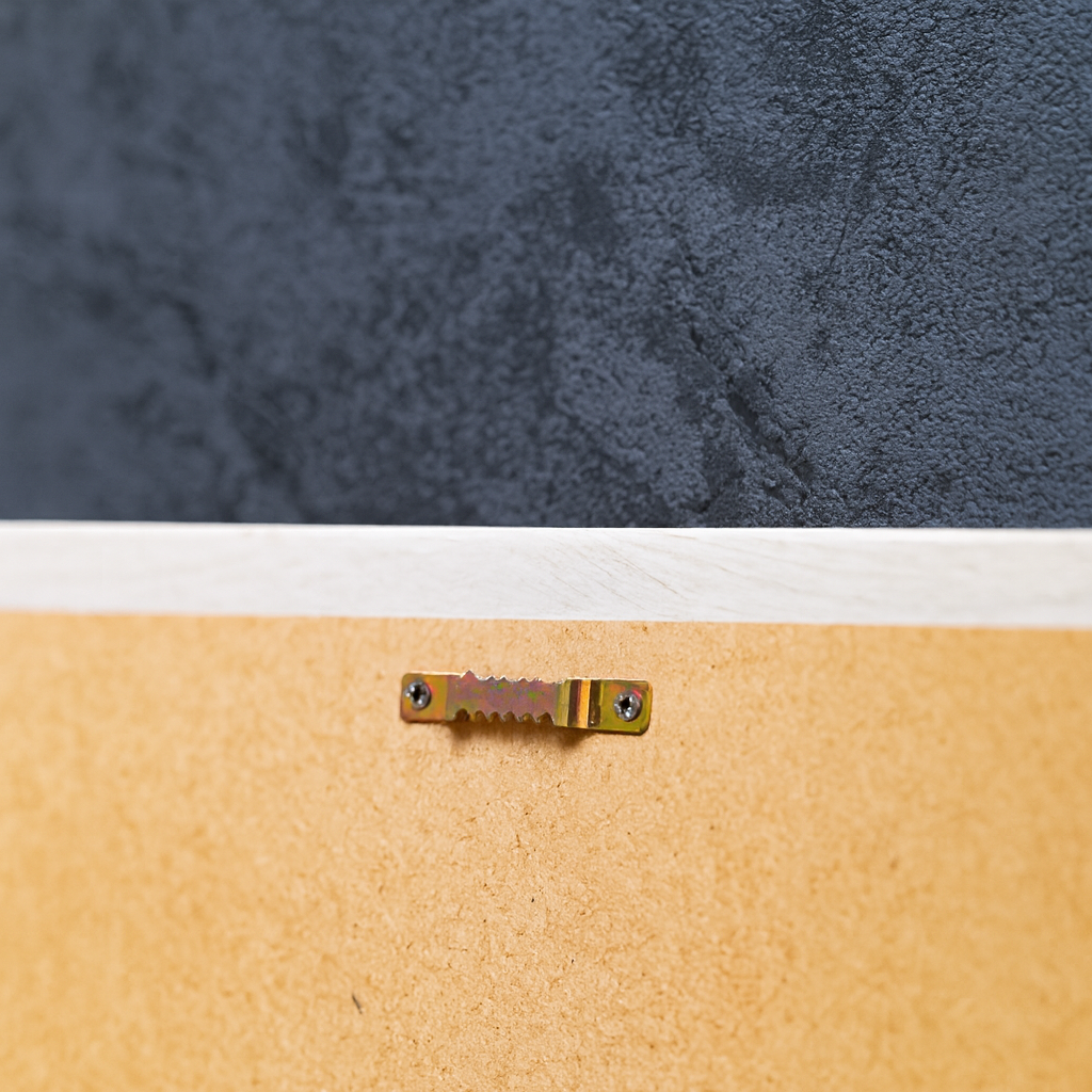 Rückansicht künsliches Moosbild in weißen Rahmen mit Wandaufhänger